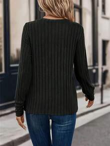 Ribbed Crew Neck T-Shirt Elegant Long Sleeve Top Spring Autumn Two Seasons Autumn Winter Knitted Ribbed Base Shirt Solid Color Crew Neck Elastic Ribbed Long Sleeve T-Shirt - 黑色 - 查看 5