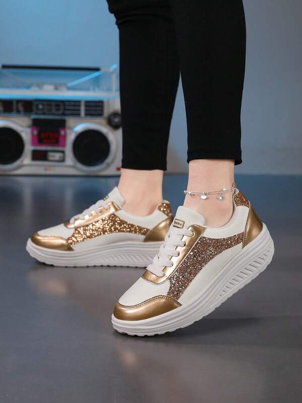 Zapatos de mujer con estilo Y2K de estilo callejero casual con lentejuelas color champán, nuevos zapatos deportivos con suela gruesa, zapatos con lentejuelas transpirables, cómodos, zapatos para el hogar, zapatos deportivos y de ocio para exteriores para mujer, versátiles, sencillos y de múltiples sistemas de color, antideslizantes, resistentes al desgaste, súper ligeros, zapatos deportivos de moda y clásicos con lentejuelas para mujer.