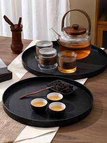 1pc/2pcs Plastic Server Tray, 11.8 Inch Round Service Tray, Non-Slip Restaurant Service Tray, Buffet Dining Tray, Coffee Table Tray, Christmas Decor, With Non-Slip Wood Grain Lining (Black/Brown) - Multicolor - View 2