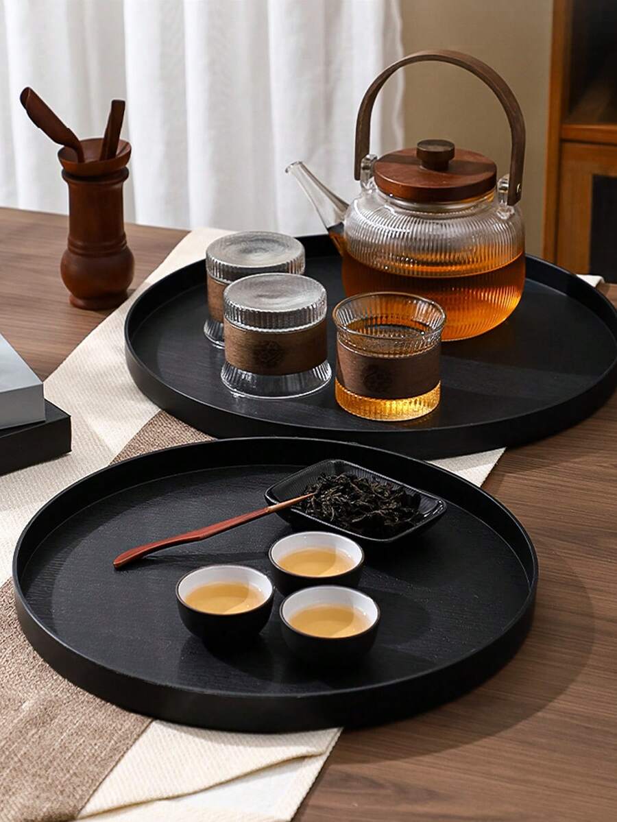 1pc/2pcs Plastic Server Tray, 11.8 Inch Round Service Tray, Non-Slip Restaurant Service Tray, Buffet Dining Tray, Coffee Table Tray, Christmas Decor, With Non-Slip Wood Grain Lining (Black/Brown)