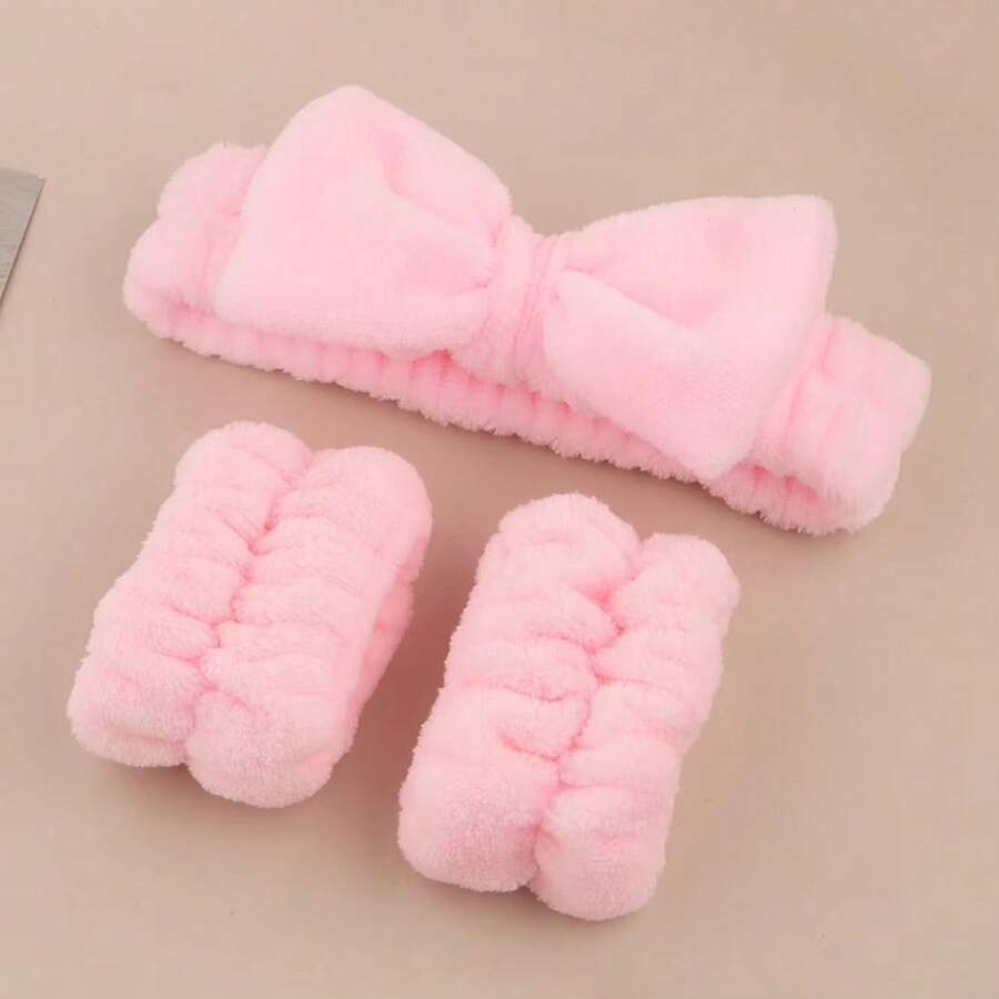 1set Spa Elastic Wristbands High Quality Wash Face Hairband Soft Plush Headband Set Cute Fashion Accessories Linch - Pink - View 1