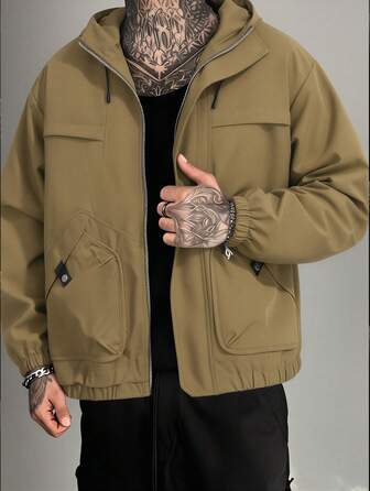 Chaqueta casual con capucha y cremallera de unicolor de manga larga para hombre, adecuada para otoño/invierno