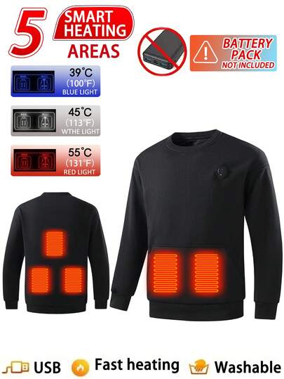 Sweat-shirt-shirt décontracté à col rond pour hommes, de couleur unie, avec fonction de chauffage 5 zones pour l'hiver