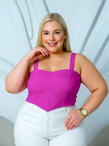 PLUS SIZE BENGALINE CROPPED TOP WITH STRAP AND POINT DETAIL - 玫瑰紅 - 查看 1