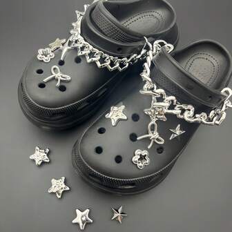 15pcs Personalized Pentagram Chain DIY Set, Detachable Shoe Decor With Bow, Pentagram And Chain Elements