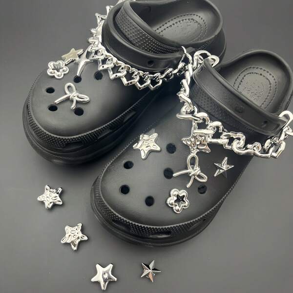 15 piezas Conjunto personalizado de cadena de pentagrama, decoración desmontable para zapatos con lazo, elementos de pentagrama y cadena