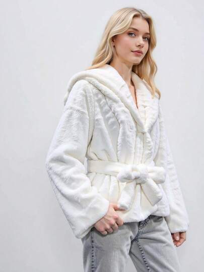 Casaco de pele sintética com lapela e cinto, roupa externa para mulheres, jaqueta de inverno elegante de manga comprida