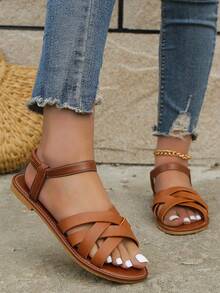 Women's Stylish Roman Flat Sandals - Slip-On, Anti-Slip Sole, Faux Cover, Open Toe, Cross Strap Design, Brown, Perfect For Summer Beach Outfits, Ladies Sandals - màu nâu - Xem 4