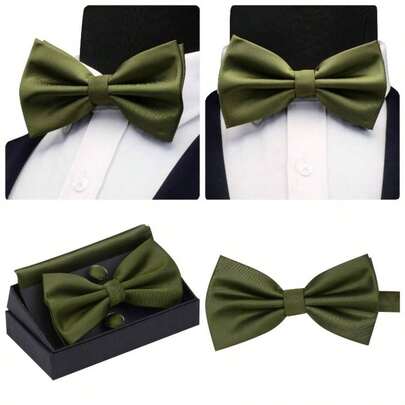 Mens Solid Color Double Fold Pre - Tied Bow Tie And Pocket Square Cufflink Set With Box
