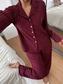 两件套女士格子纽扣长袖睡衣套装，可爱上衣搭配松紧腰裤，舒适保暖，秋季服装，圣诞节 - 酒紅色 - 查看 3