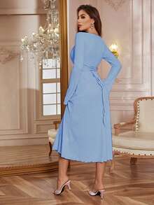WOWDARK Women's Casual Solid Color Long Sleeve Square Neck Tie Waist A-Line Maxi Dress - Blue - View 6