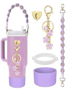 5 件/1 件硅胶保护套、防摔防刮硅胶套、防滑硅胶保护套、配套手工编织运动水壶带、心形自粘挂钩、花朵和 26 个字母吊坠标记、带肩带的瓶架、手工编织挂绳、硅胶支架、适合 8-40 盎司水瓶、耐用防撕裂、适合日常使用、家庭聚会、旅行和派对