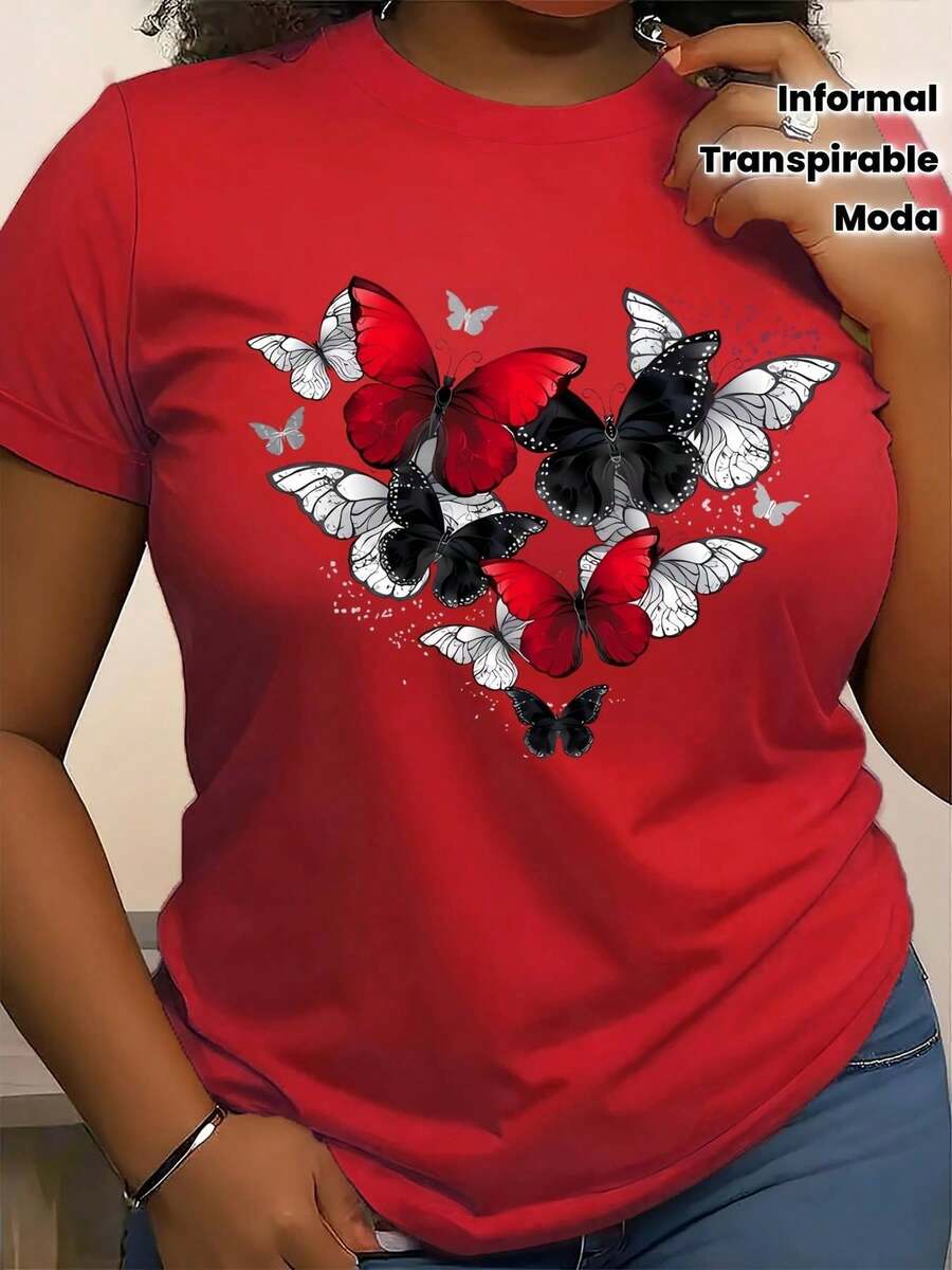 Camiseta Roja para Mujer - Top Casual Chic con Estampado de Mariposa, Cuello Redondo, Tejido No Transparente para Looks Diarios y Formales - Esencial de Armario Primavera/Verano, Diseño Moderno, Manga Corta, Material Transpirable, Cómoda, Camiseta Estampada, Conjunto de Verano, Moda Primavera