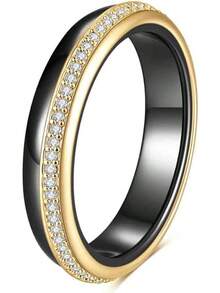 6mm White/Black Ceramic Rings Plus Cubic Zirconia For Women Comfort Fit Engagement Wedding Band Size 5-122025 - 4mm Black & Gold - View 12