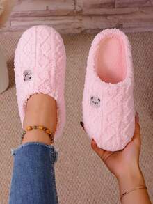 Classiche pantofole da donna imbottite con ricamo a forma di orsetto, pantofole calde da indossare in casa in autunno/inverno, pantofole soffici - Rosa - Visualizzare 6