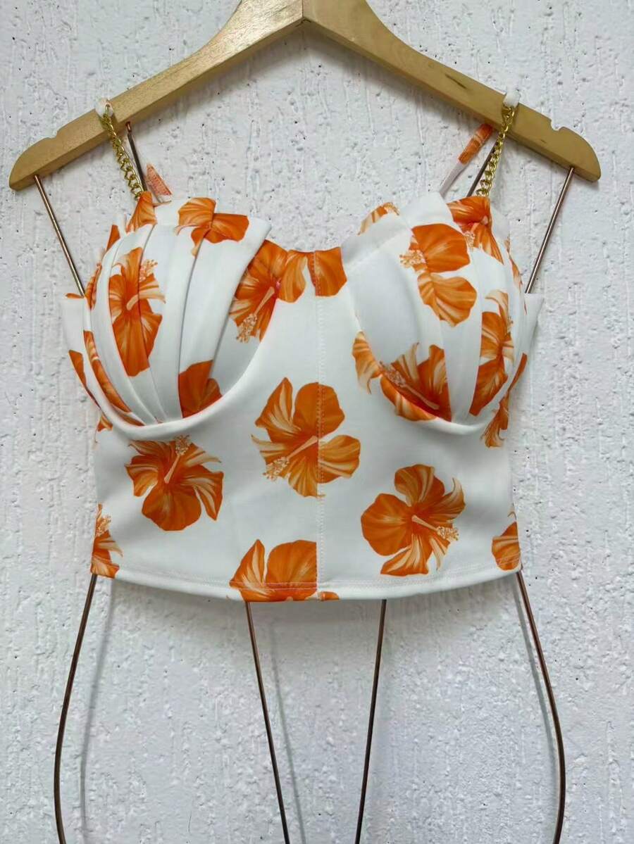 Cropped Top Blouse Thin Strap Chain With Mermaid Cup Fashion Blogger Retro Summer Party Beach Neoprene Suplex Strappy - 多橙色 - 查看 1