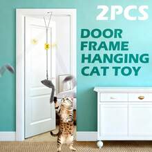 Door Frame Hanging Indoor Cat Toy, Elastic String With Feathers & Rattle,  For Interactive Teasing And Playful Fun Self Playing, Enrichment Teaser Toys For Boredom & Exercise - Grey - View 8