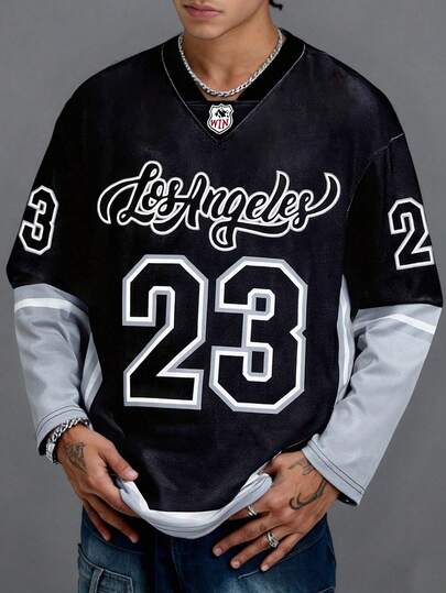 1pc Men's Los Angeles 23 Hockey Jersey, Loose Fit Streetwear Colorblock Sweatshirt, Autumn/Winter