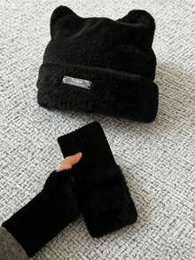 秋冬保暖套装：可爱猫耳毛绒帽+半指手套，甜美风格保暖两件套配饰，冬季保暖帽，情人节礼物