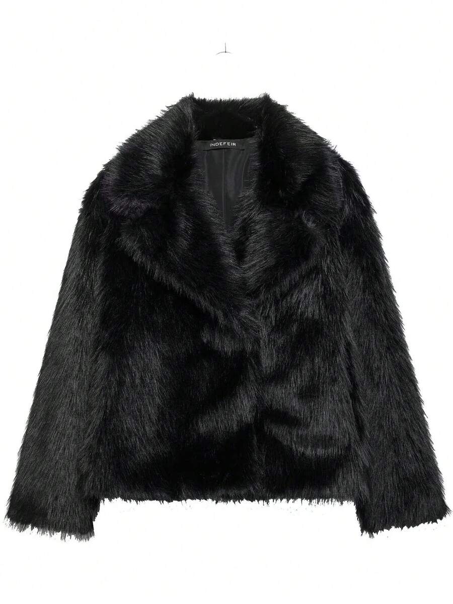 HH 女士冬季优雅纯色仿毛皮效果长袖开衫外套，女士休闲高街口袋外套，黑色
