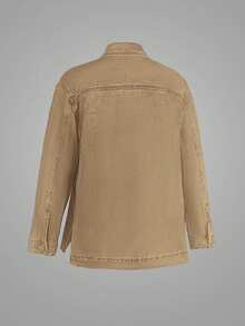 女式休闲宽松牛仔夹克，单排扣口袋，秋季 - 棕色 - 查看 2