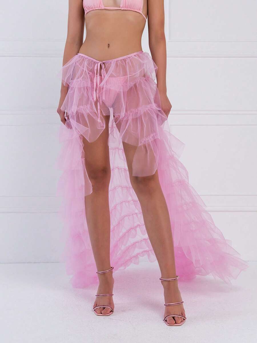 Women Ruffle Layered Tulle Skirt Solid Color Mesh Tied-Up Irregular Floor-Length Party Skirt For Wedding Guest Dinner Cocktail Party - Pink - View 1