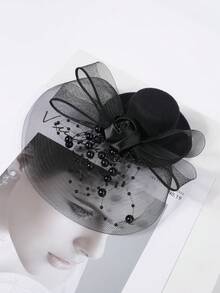 1pc Small Black Hat With Mesh Polka Dot Rose Flower Hair Clip, French Style Decor For Banquet - 62002 Black - View 2
