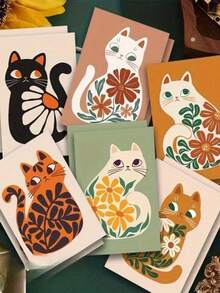 12 felicitări artistice în stil boem cu pisici, cu plicuri - modele florale și pisici vibrante, interior gol pentru scris, potrivite pentru Crăciun, Anul Nou, Ziua Îndrăgostiților, Ziua Recunoștinței și Revelionul - papetărie elegantă de iarnă pentru felicitări și invitații la petrecere, urări de Crăciun