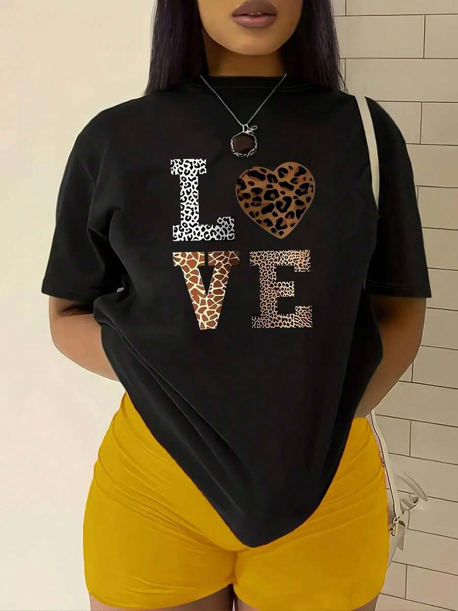 Camiseta Casual de Manga Corta para Mujer - Estampado LOVE con Diseño de Leopardo y Lunares, Cuello Redondo Verde Oliva, Ajuste Cómodo Lavable a Máquina Todo el Año, Tejido No Transparente, Camisetas Divertidas