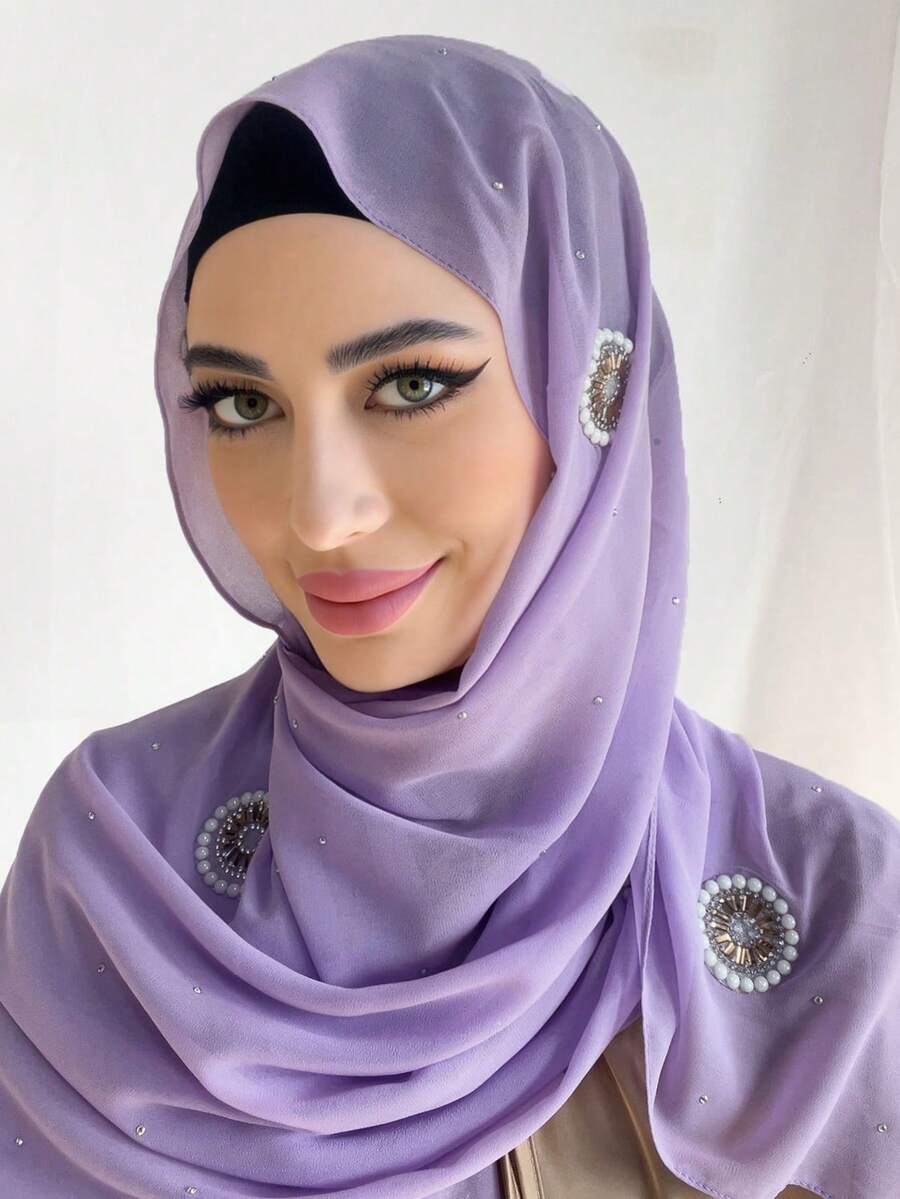 1 pièce Hijab en mousseline de soie musulman luxueux décoré de perles et de strass (couleur des strass aléatoire)