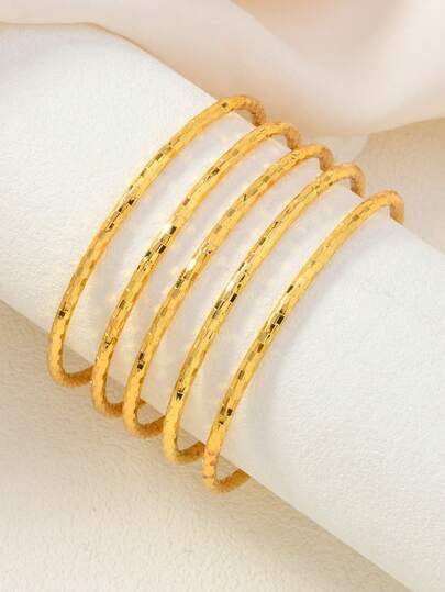 5 قطع مجموعة أساور مطلية بالذهب من النحاس - أساور ذات نسيج هندسي مربعات، مجوهرات ذراع عربية فاخرة للنساء