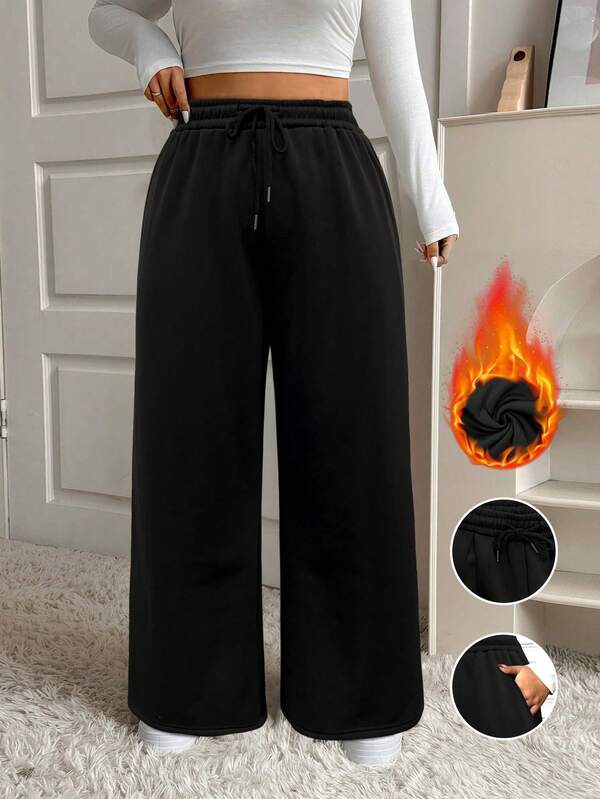 Plus Size Solid Color Casual Knotted Pocket Drawstring Waist Sweatpants