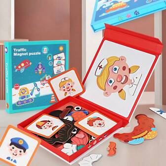 1pc Montessori Magnetic Puzzle Book Change Face 53pcs Colorful Professional Figures Dress Up Game Toddler Toys For 3-6 Years Kids Toys Magnet Game Book Portable Travel Quiet Book Montessori Toys Funny Faces Cognitive Imagination Parent-Child Interaction Preschool Kindergarten Activities Christmas Birthday Gifts For Boys Girls