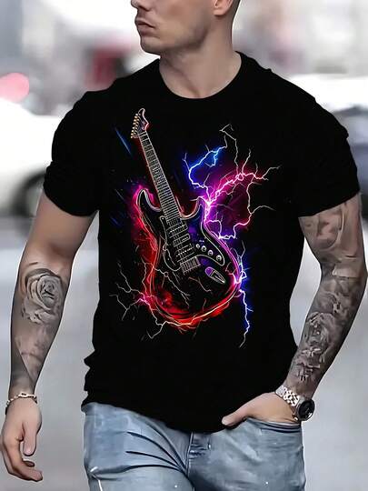 Camiseta de Hombre con Estampado de Guitarra Eléctrica 3D - Manga Corta, Cuello Redondo, Camiseta Casual Negra de Verano con Diseño Vibrante y Colorido, Camiseta de Guitarra