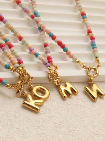 女士彩色字母泡泡项链手工串珠精致可爱海滩波西米亚风项链珠宝颈链