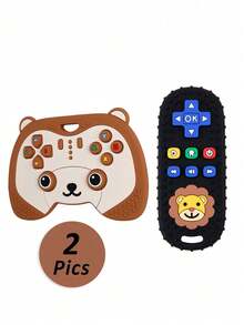 2pcs Set, Silicone Cartoon Bear Game Controller Teether Toys, Baby Soothing Teethers, Lion Pattern Silicone Simulated TV Remote Control Educational Teether Toys, Entertaining Gaming Controller Teether Toys, Perfect Sensory Chewing Toys For 0-3-6-12 Month Infants - Multicolor - View 7