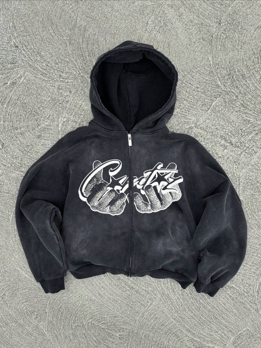 Washed Men's Autumn Drop Shoulder Zip Front Casual Fashion Vintage Print Hoodie Sweatshirt - 黑色 - 查看 1