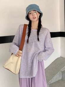 1件套露背吊带蓝条纹长袖宽松休闲夏季上衣 - 紫色 - 查看 1