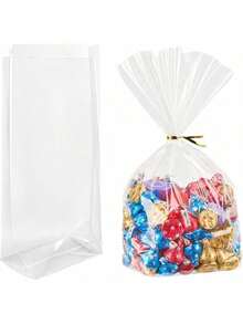 25个扁平风琴褶礼品袋，透明玻璃纸抽绳糖果袋，适用于生日派对、圣诞节、万圣节和其他场合 - 彩色 - 查看 3