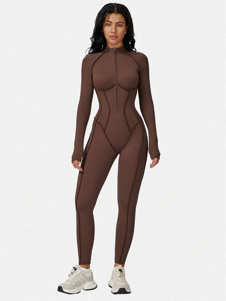 MFVIM Women's Long Sleeve Jumpsuit, Half Zip Design, Tight Fit Sexy Activewear, High Intensity Workout Yoga Outfit - Chocolate Brown - View 7