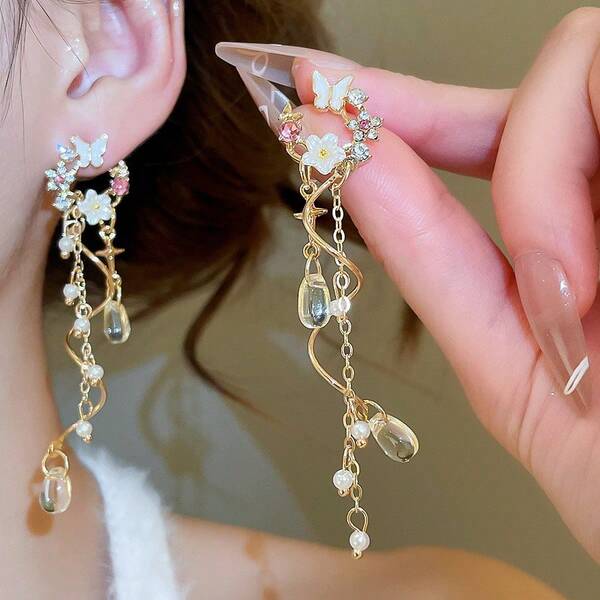 1 Pair Fashionable Delicate Floral, Butterfly, Teardrop Faux Pearl Tassel Earrings
