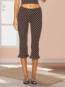 Women Capri Pants, Elastic Waist 3/4 Length Pants Solid/Dots Cropped Pants for Casual Daily - Caqui - Ver 4