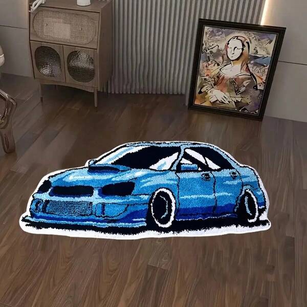 1 pieza Alfombra con diseño de coche, diseño de coche azul con decoración cromada, alfombra de estilo Ins, alfombra creativa y versátil de moda, adecuada para dormitorio, sala de estar, decoración del hogar, alfombra de sala de estar, decoración de dormitorio, alfombra pequeña, alfombra de moda creativa, alfombra de sala de estar, alfombra pequeña de sala de estar, alfombra de dormitorio, alfombra de exterior, alfombra lavable