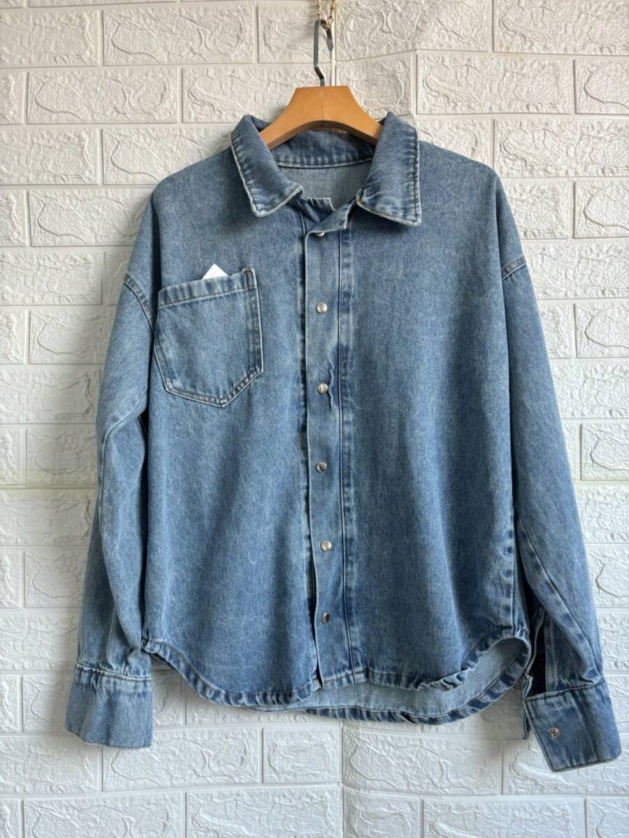 Famininas Drop Shoulder Denim Jacket - Azul lavado medio 8441# - Ver 1