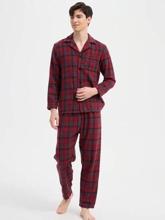 新款男士时尚休闲睡衣套装，长袖上衣和长裤，秋冬服装