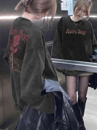 女式学生简约经典复古美式纯棉黑色个性化水洗Y2K玫瑰英文字母印花宽松休闲日常长袖卫衣，返校季