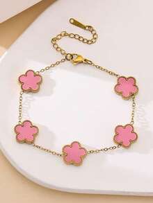 1pc Stainless Steel 5-Leaf Clover Elegant Bracelet, Versatile For Women To Wear Daily, Dates, Parties - Gold Clover Bracelet - View 9