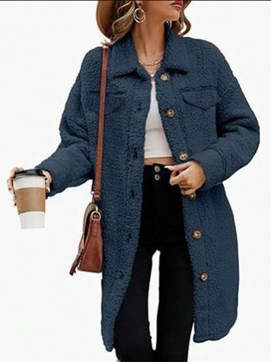 Womens Long Faux Fur Coat Winter Warm Long Sleeve Lapel Collar Fuzzy Jacket Overcoat - 藍色 - 查看 1