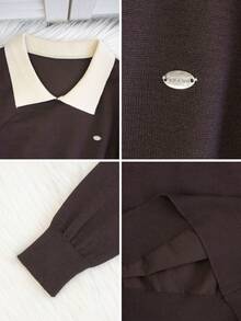 韩版 Polo 领秋冬新款露脐上衣，薄款，撞色拼接，长袖女式毛衣 - 咖色 - 查看 8