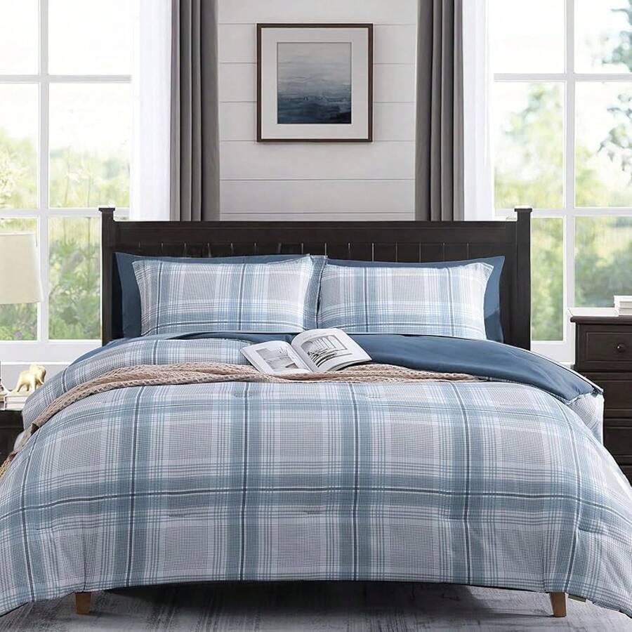 King Comforter Set, Classic Red Black Plaid-Piece Bedding Set, Farmhouse Lightweight All-Season Bed In A Bag With Sheets, Pillowcases & Shams, Home Decor - 藍色 - 查看 1
